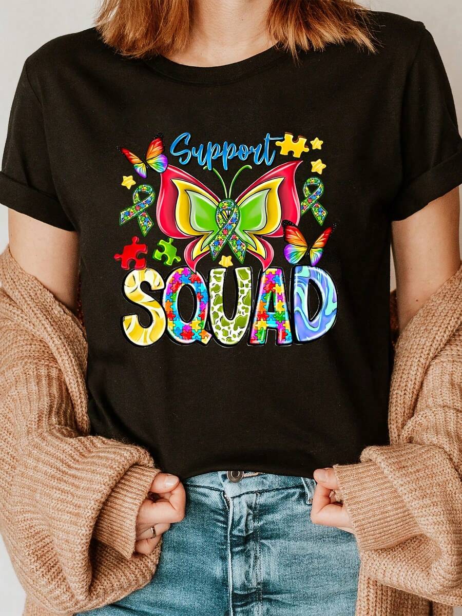 Camiseta con estampado de autismo del equipo de soporte, camiseta de manga corta con cuello redondo para verano y primavera, ropa de mujer - Negro - Ver 1