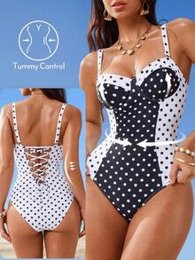 Traje de baño de una pieza con control de abdomen, con cordón, espalda descubierta, a rayas azul y blanco, con efecto push-up, para playa, resort y fiesta - Blanco y Negro - Ver 3