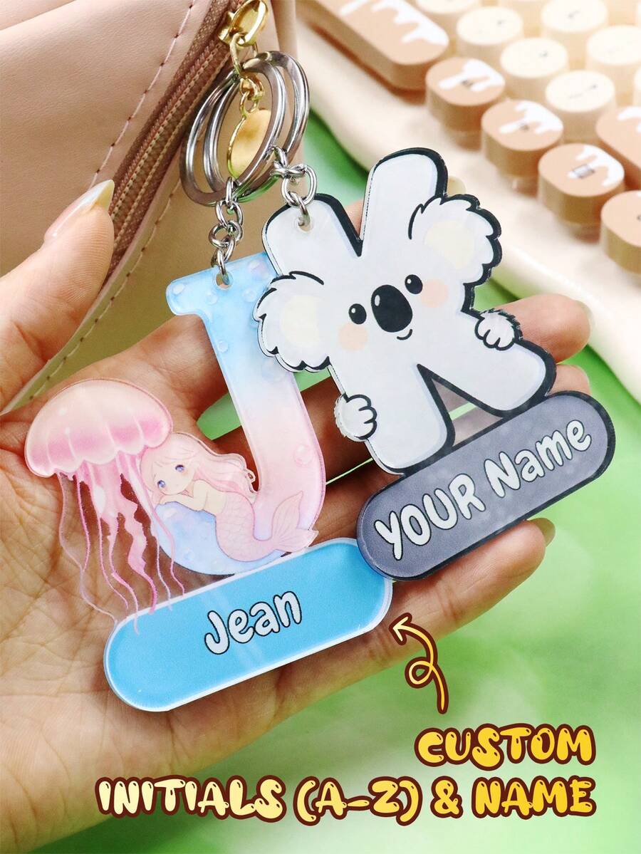 Llavero personalizado con inicial de animal, llavero con letra personalizada, llavero de letra de dibujos animados lindo con etiqueta de nombre, accesorio de encanto de bolso personalizado - Estilo B - Ver 1