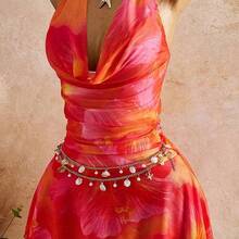 New Spring/Summer Women's Fashion Sexy Printed Dress - Plunging Neckline Design - Waist Cinching Ruched Design - Ruffle Hem Design - Vacation - Beach - Multicolor - Ver 5