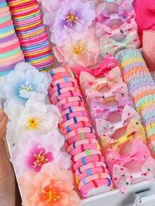 151件套花朵蝴蝶结发夹、发圈、发绳、抓夹、时尚发饰，适合日常使用，礼盒套装 - 彩色 - 查看 3