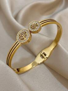 1pc Double Layer Life Of Tree Bangle Bracelet For Women Hollow Stainless Steel Golden Bangle Bracelet For Mother Day Valentine Party Vacation Festival Jewelry Gifts - Multicolor - View 7