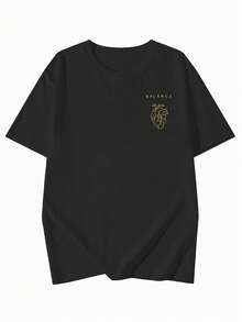 This Black Loose Drop-Shoulder Tee Features BALANCE Letter And Line Art Prints. Retro American Style, Slimming And Comfy For All-Day Casual Summer - Black - View 3