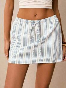 Pantalones Culotte Casuales Holgados para Mujer con Cordón Ajustable en la Cintura y Bolsillos a Rayas - Blanco - Ver 4