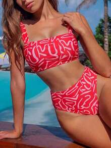 Conjunto de bikini de 2 piezas con parte superior de tirantes con estampado de color aleatorio y shorts de cintura alta para mujer, para vacaciones en la playa - Multicolor - Ver 7