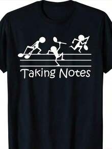 [Camiseta divertida de música]Camiseta 100% algodón para amantes de la música |   Diseño retro de "toma de notas", mangas cortas, cuello redondo, divertido estampado de notas musicales, - Blanco - Ver 1