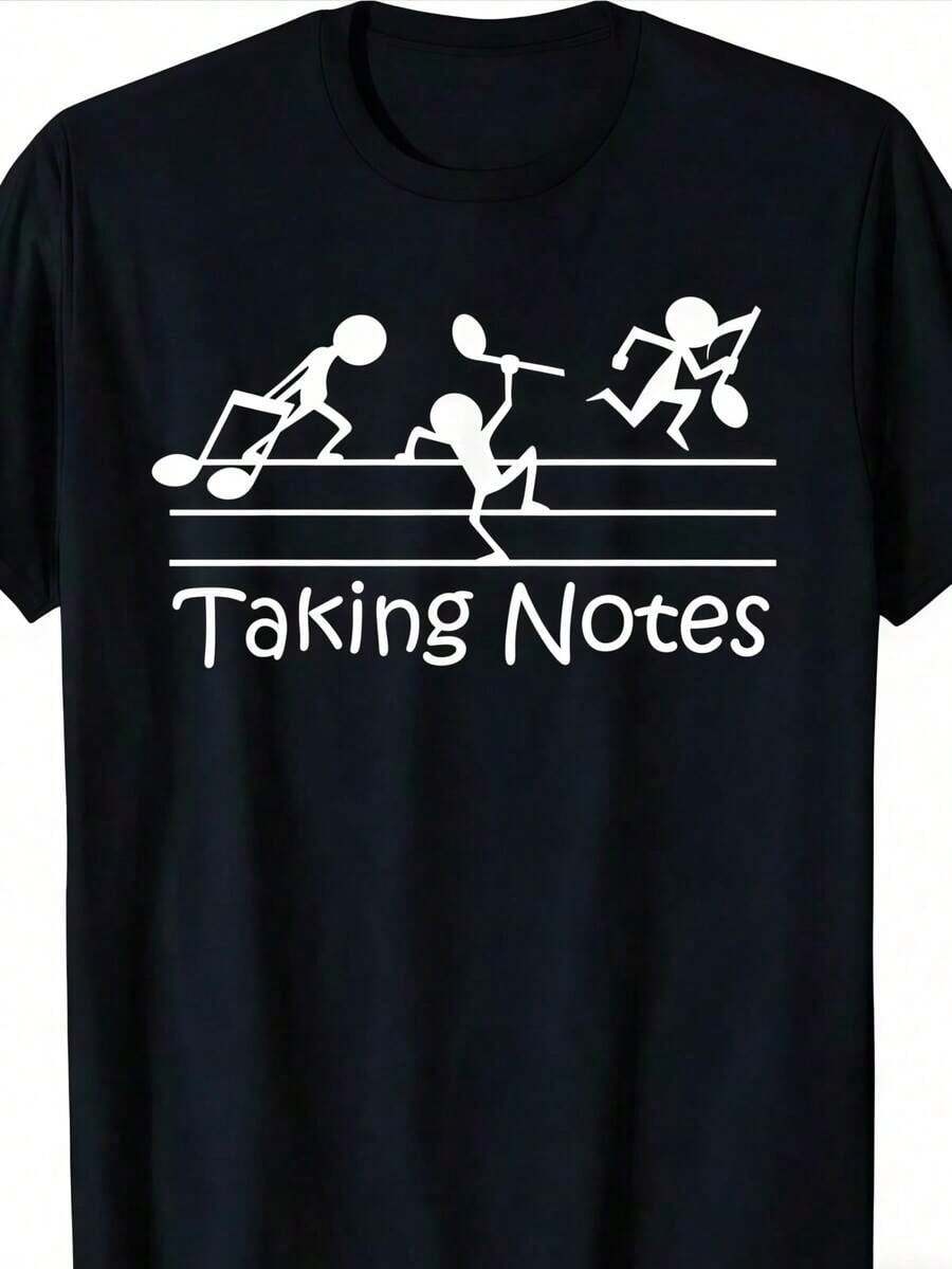 [Camiseta divertida de música]Camiseta 100% algodón para amantes de la música |   Diseño retro de "toma de notas", mangas cortas, cuello redondo, divertido estampado de notas musicales, - Blanco - Ver 1
