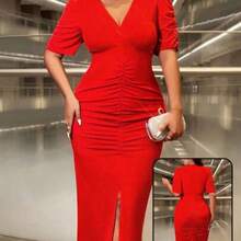 Cravure Plus Size V-Neck Short Sleeve Ruched Fitted Charming & Elegant Split Hem Dress For New Year Clothes Maxi Women Outfit Prom - Rojo - Ver 1