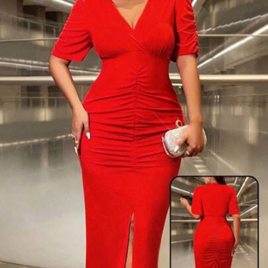 Cravure Plus Size V-Neck Short Sleeve Ruched Fitted Charming & Elegant Split Hem Dress For New Year Clothes Maxi Women Outfit Prom - Rojo - Ver 1