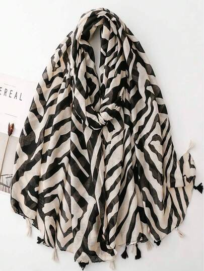 Retro Luxury Black & White Zebra Print Tassel Scarf, Dual-Use Shawl/Wrap For Travel & Air Conditioning, Geometric Pattern, Casual Polyester Accessory