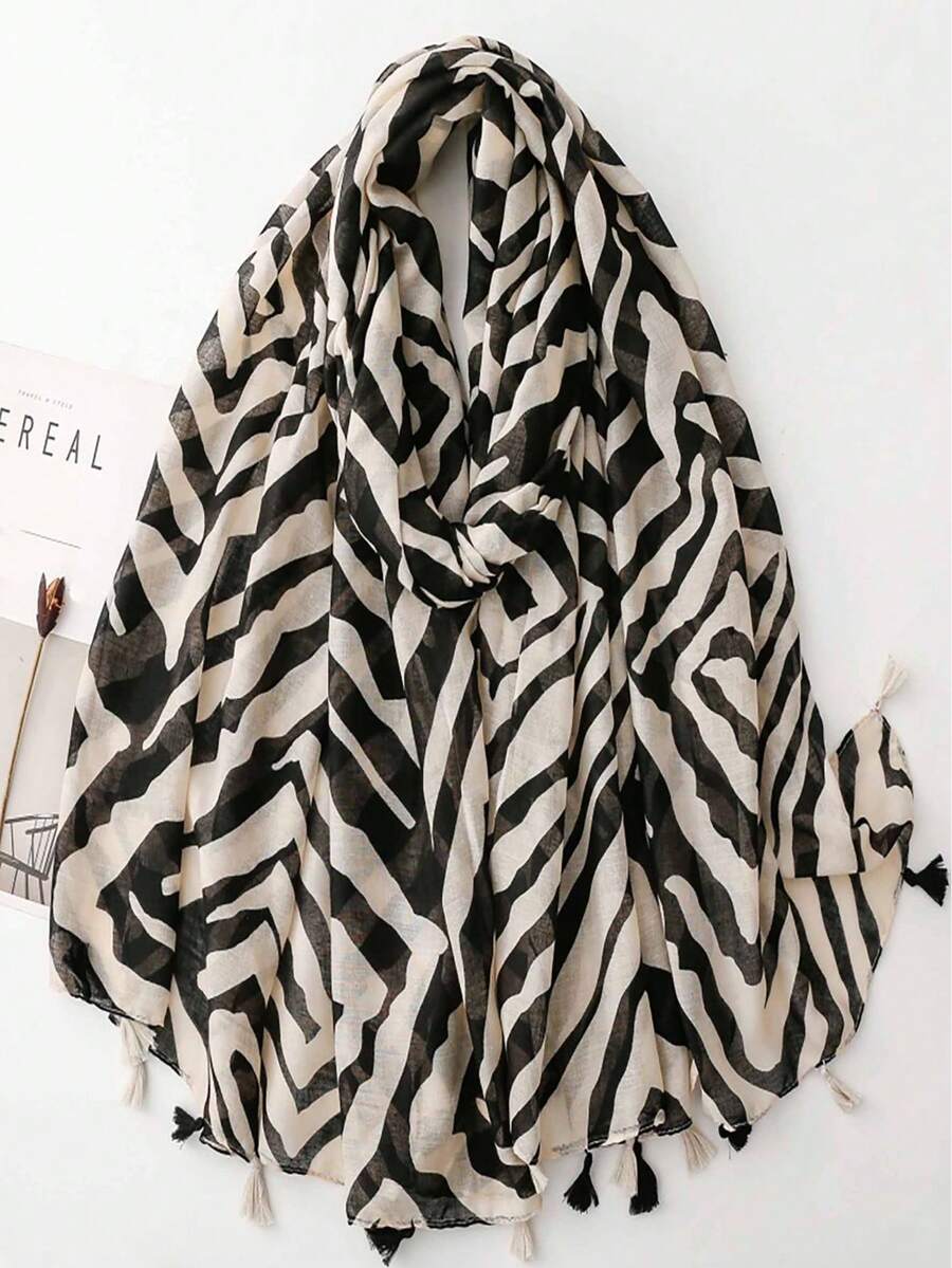 Retro Luxus Schwarz & Weiß Zebra Muster Quasten Schal, Dual-Use Schal/Umhang für Reisen & Klimaanlage, geometrisches Muster, lässiges Polyester Accessoire - Schwarz - Übersicht 1