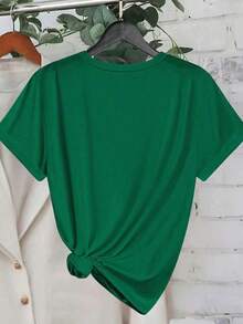 Camiseta de manga corta con cuello redondo y estampado de cerezas doradas para tallas grandes - Verde Oscuro - Ver 2