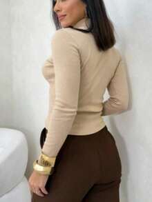 Women's Ribbed Long-Sleeve Turtleneck Blouse - Basic , Casual, Modern, Second Skin Style - - Beige - View 2