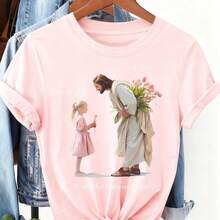 Camiseta de algodón 1ps con estampado floral de Jesús y niña, temática religiosa, top de manga corta holgado para mujer, ropa casual para uso diario, diseño moderno y sencillo, camiseta de algodón marca Orca 2026. - Negro - Ver 6
