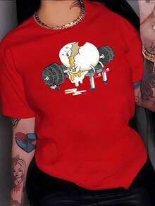 Mexican Basic Cartoon Broken Egg Lifting Weights With Funny Expression Symbolizing Effort And Perseverance In Life Women's T-Shirt 100% Cotton - Vintage Street Style Unisex Loose Cotton Short Sleeve Crew Neck T-Shirt New Launch - 紅色 - 查看 5