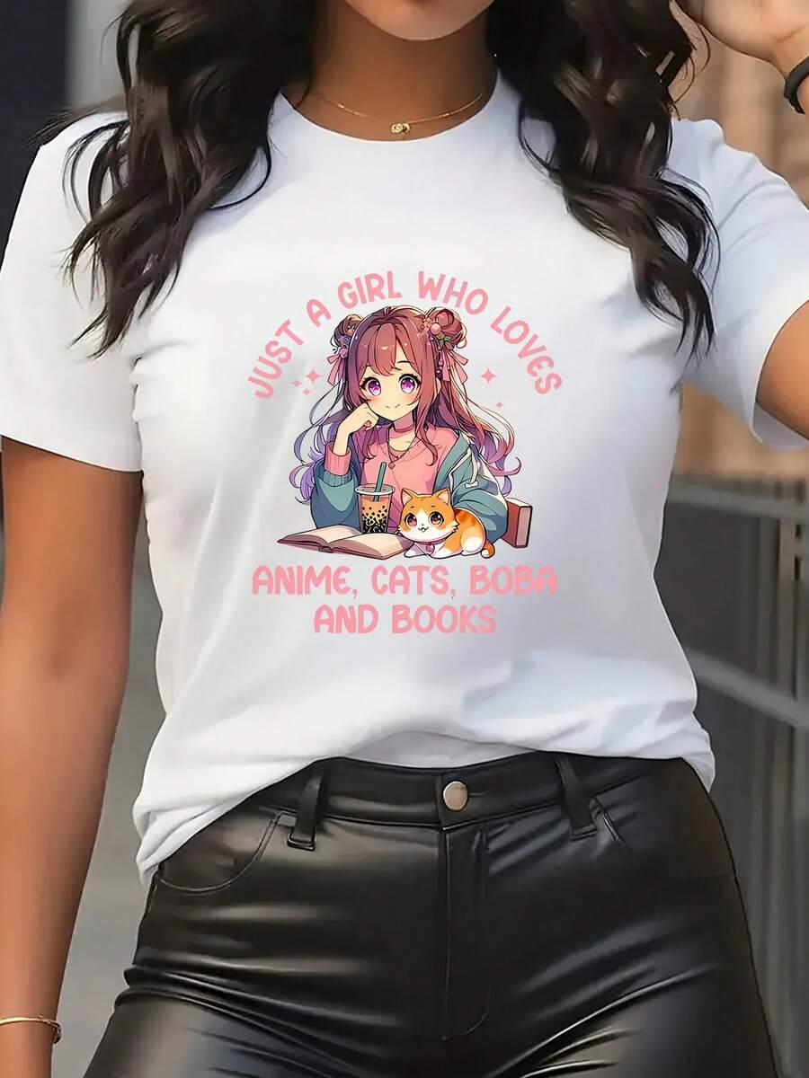 Women's Anime T-Shirt With Cat And Boba Tea Design - Soft Crew Neck, Casual Short Sleeve With Japanese Lettering, Cute Kawaii Style For Rias, Daily Wear And Conventions - Breathable And Comfortable Fabric For Anime Fans - 白色 - 查看 1