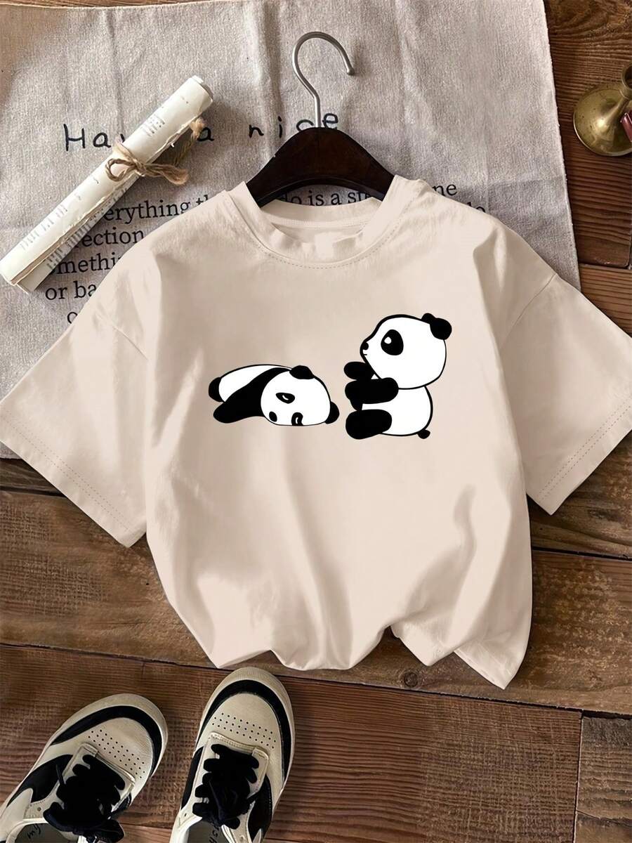 Panda Print Crew Neck T-Shirt, Standard Size Women's Clothing, Women's Clothing - Unisex Urban Vintage Style Loose Cotton Short Sleeve T-Shirt With Crew Neck. - 杏色 - 查看 1