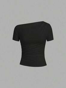 Camiseta de moda de manga corta con hombros oblicuos y ajustada de unicolor para mujer, verano - Verde - Ver 5