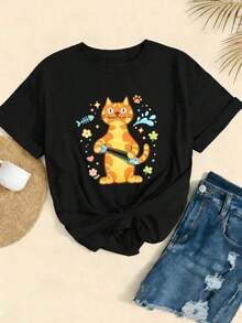 Camiseta de manga corta para mujer con estampado de gato de dibujos animados, ideal para primavera, de algodón suave, cuello redondo, corte holgado y cómoda, estilo hip-hop urbano. - Blanco - Ver 2