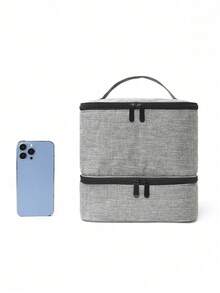 Double Layer Cosmetic Storage Box With Removable Nail Polish Organizer Liner, Large Capacity Makeup Storage Bag, Suitable For Travel, Vanity, Salon And Home Use - Grey - View 3