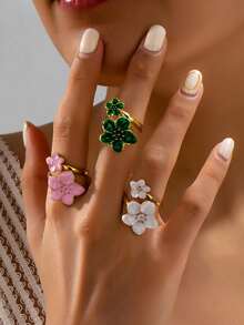 3pcs/Set Unique Design Sweet Five-Petal Flower Open Ring, Elegant Glazed Floral Dopamine Mood Ring, Delicate Daily Wear Open Band Ring - Flower Ring - View 1