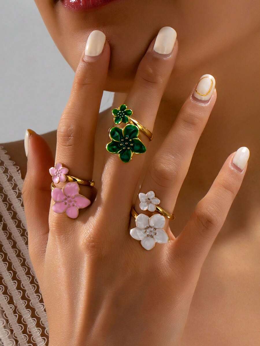3pcs/Set Unique Design Sweet Five-Petal Flower Open Ring, Elegant Glazed Floral Dopamine Mood Ring, Delicate Daily Wear Open Band Ring - Flower Ring - View 1
