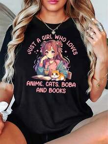 1 pieza de camiseta deportiva casual sencilla de manga corta para mujer, con estampado de personaje de película animada, cómoda para el verano y las vacaciones, 180g 100% algodón. - Blanco - Ver 6