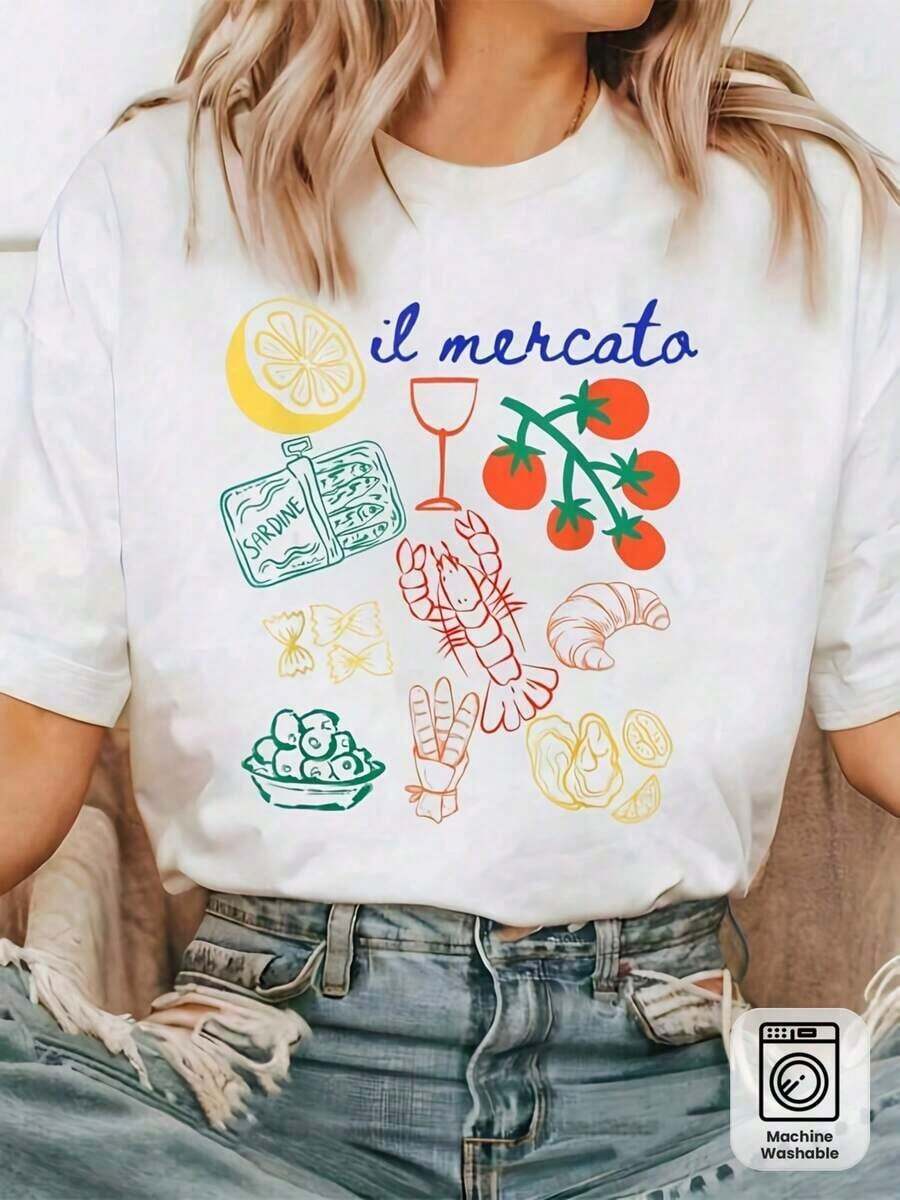 1 pieza de camiseta gráfica de mercado de agricultores italianos para mujer - Suave, transpirable, ligera, de cuello redondo y manga corta con estampado italiano vibrante (tomates, vino, queso, pizza) - Camiseta unisex casual de verano para atuendos informales y temáticos italianos - Lavable a máquina, camiseta de manga corta con estampado de la letra R, informal para uso diario al aire libre, 180g 100% algodón. - Blanco - Ver 1