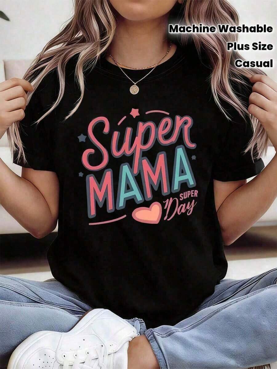 1 pieza de camiseta nueva para mujer 2026, 1 pieza con estampado de corazón Super MAMA, camiseta de primavera/verano para mujer.Adecuado para el Día de la Madre, reuniones familiares, actividades entre padres e hijos y uso casual diario. Top de verano (tallas de EE. UU.) Ropa de mujer a la moda, 180 g, 100% algodón. - Negro - Ver 1