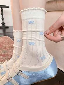 3 Pasang Kaos Kaki Wanita Tipis Minimalis Segar dengan Pita, Panjang Setengah Betis, Gaya Korea, Serbaguna, Bernapas, Anti Selip, Warna Acak - View 2