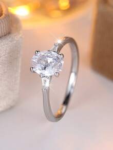 Vanel 1 chiếc nhẫn solitaire hình oval màu bạc thanh lịch, đính đá Cubic Zirconia, kiểu dáng tối giản, thích hợp đeo hàng ngày, món quà trang nhã. - trắng bạc - Xem 3
