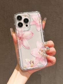 1pc Pink Lily Flower Pattern Full Coverage TPU Shockproof Phone Case Compatible With Apple 17, 16, 15, 14, 13, 12, 11 Pro Max And Series - Clear - View 2