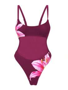 Traje de baño de una sola pieza para mujer con diseño de unicolor, tirantes, parches de malla, sexy y con recortes, estilo bohemio para festivales - Burdeos - Ver 4
