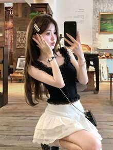 Áo hai dây nữ viền ren cài phía trước, kiểu dáng lãng mạn ngọt ngào phong cách đường phố, không tay, ren xếp nếp, cúc ngọc trai, ôm sát, áo vest dệt kim ngắn màu đen mùa hè - màu đen - Xem 7