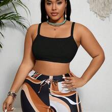Swim Lushore Plus Size Women Summer Beach Wireless Tankini Set & Palm Tree Printed Short Sleeve Cover Up - Multicolor - Ver 9
