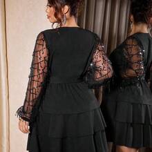 Cravure Plus Size Women's Elegant Deep V-Neck Party Dress, Black Sequin Mesh Tie Waist Slim Fit Long Lantern Sleeve Ruffle Hem Knee-Length Sexy Mini Dress, Suitable For Valentine's Day, Music Festival, Halloween, Christmas Party, Prom, Holiday, Date, Wedding - Burdeos - Ver 8