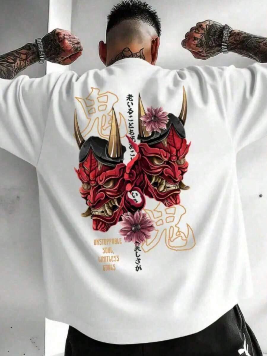 Camiseta deáscara de Oni para hombre - Camiseta blanca de manga corta y cuello redondo con estampado de demonio rojo y dorado y texto kanji - Ropa informal de verano, estilo anime y manga, lavable aáquina, regalo, camiseta gráfica para amantes del streetwear, ajuste cómodo 28QF - Blanco - Ver 1