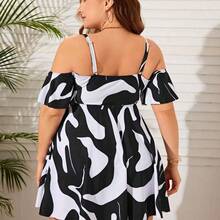 Swim Lushoire Summer Beach Plus Size Women's Printed Cold-Shoulder Swimwear - Rojo y blanco - Ver 3