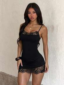 Black Knitted Bodycon Mini Dress For Women, Featuring Sleeveless Design, Spaghetti Straps, And Delicate Contrast Lace Hem Summer Dress Party Elegant - Black - View 4