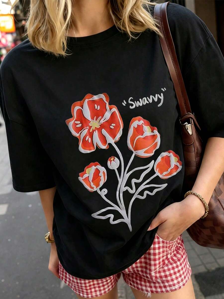Camiseta de moda femenina de verano de manga corta camiseta de moda casual al aire libre 'letras y flores' estampado camiseta casual femenina suelta - Negro - Ver 1