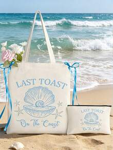 Last Toast Women's Handbag, On The Coast Reusable Beach Bag - Ocean Theme - Shell And Starfish Pattern, Casual Shoulder Tote Bag With Ribbon Bow, Suitable For Shopping, Travel, Carrying Books - Cute Summer Gift For Teachers, Doctors, Moms, Bridesmaids, Students, Bachelorette Party/Hen Party, Bridal Shower, Wedding Season, Graduation Season, Teacher's Day, Back To School Season - Multicolor - View 3