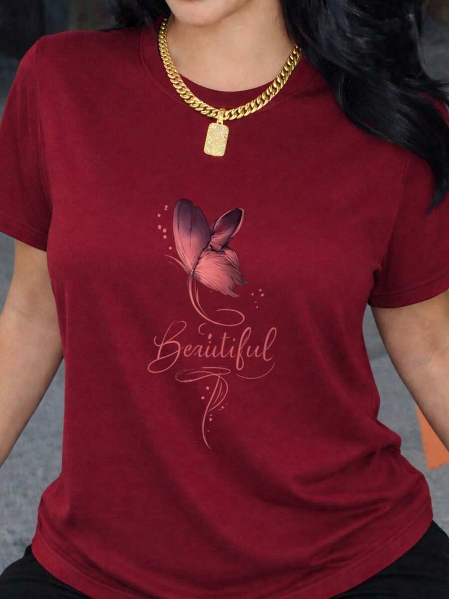 Short-Sleeved T-Shirt With A Purple Butterfly Print, Stylish Crew Neck Design, And Modern Fonts-Perfect For Casual Outings. Pair It With Jeans And Accessories For A Relaxed And Stylish Look. IBPH - 酒紅色 - 查看 1