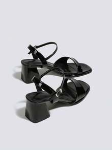Giày sandal cao gót nữ màu đen thời trang, thoải mái, tối giản, đa năng, có quai, gót dày, đế vuông, khóa cài, hở gót, thích hợp cho hoạt động ngoài trời. - màu đen - Xem 5