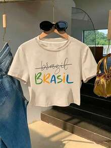Apricot Cropped Short-Sleeve T-Shirt - The Handwritten Word "Brazil" Is Crossed Out With A Horizontal Line, Matched With Large Colorful Letters "BRASI - 杏色 - 查看 1