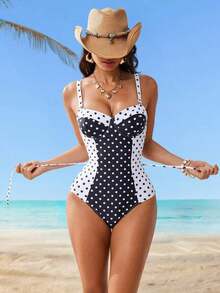 Traje de baño de una pieza con control de abdomen, con cordón, espalda descubierta, a rayas azul y blanco, con efecto push-up, para playa, resort y fiesta - Blanco y Negro - Ver 4
