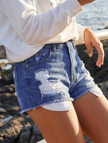 Women's Slim Ripped Denim Shorts Mid Rise Distressed Jean Shorts Frayed Hem Summer Bottoms - 藍色 - 查看 7