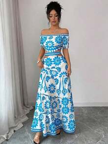 de moda con estampado floral, hombros descubiertos, manga corta y cintura hueca - Azul - Ver 3