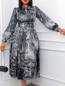 New 2026 Plus Size Spring Banquet Dress Long Sleeve Printed High Waist With Belt Included - 黑色 - 查看 1