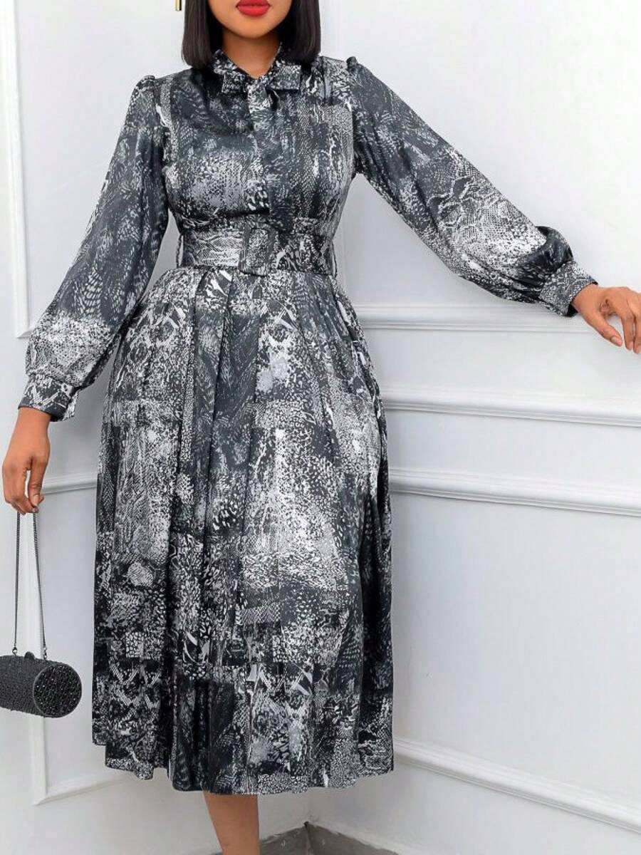 New 2026 Plus Size Spring Banquet Dress Long Sleeve Printed High Waist With Belt Included - 黑色 - 查看 1