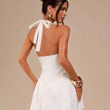 Simple Solid White Deep V-Neck Fitted Mini Dress For Women, Elegant White Dress, Beach Holiday Dress, Graduation/School Season White Dress - Amarillo - Ver 3